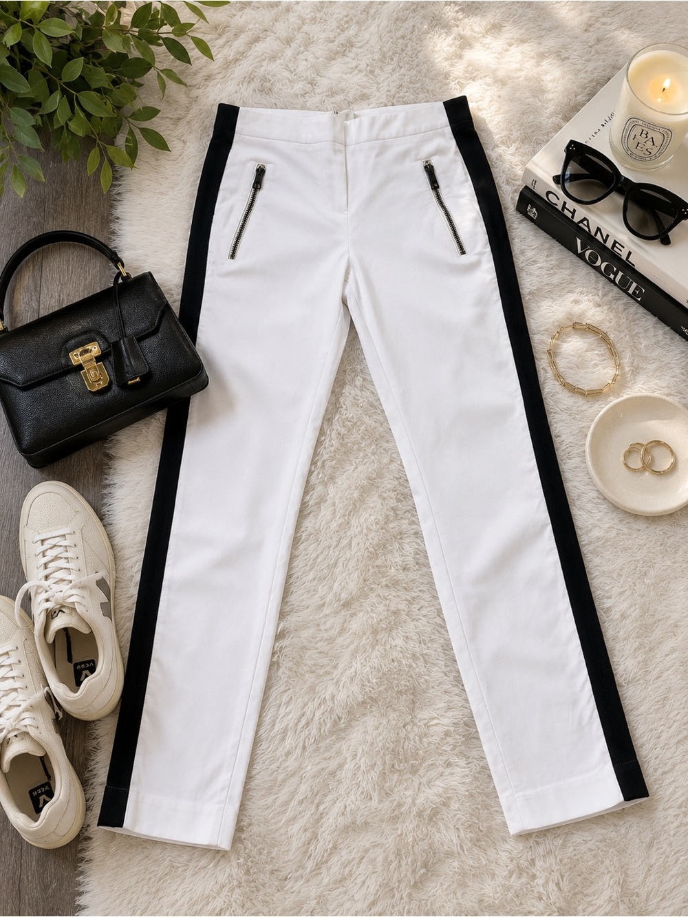Rag & Bone Simone Ankle Pants White Black Side Stripe Stretch Cotton Size 2